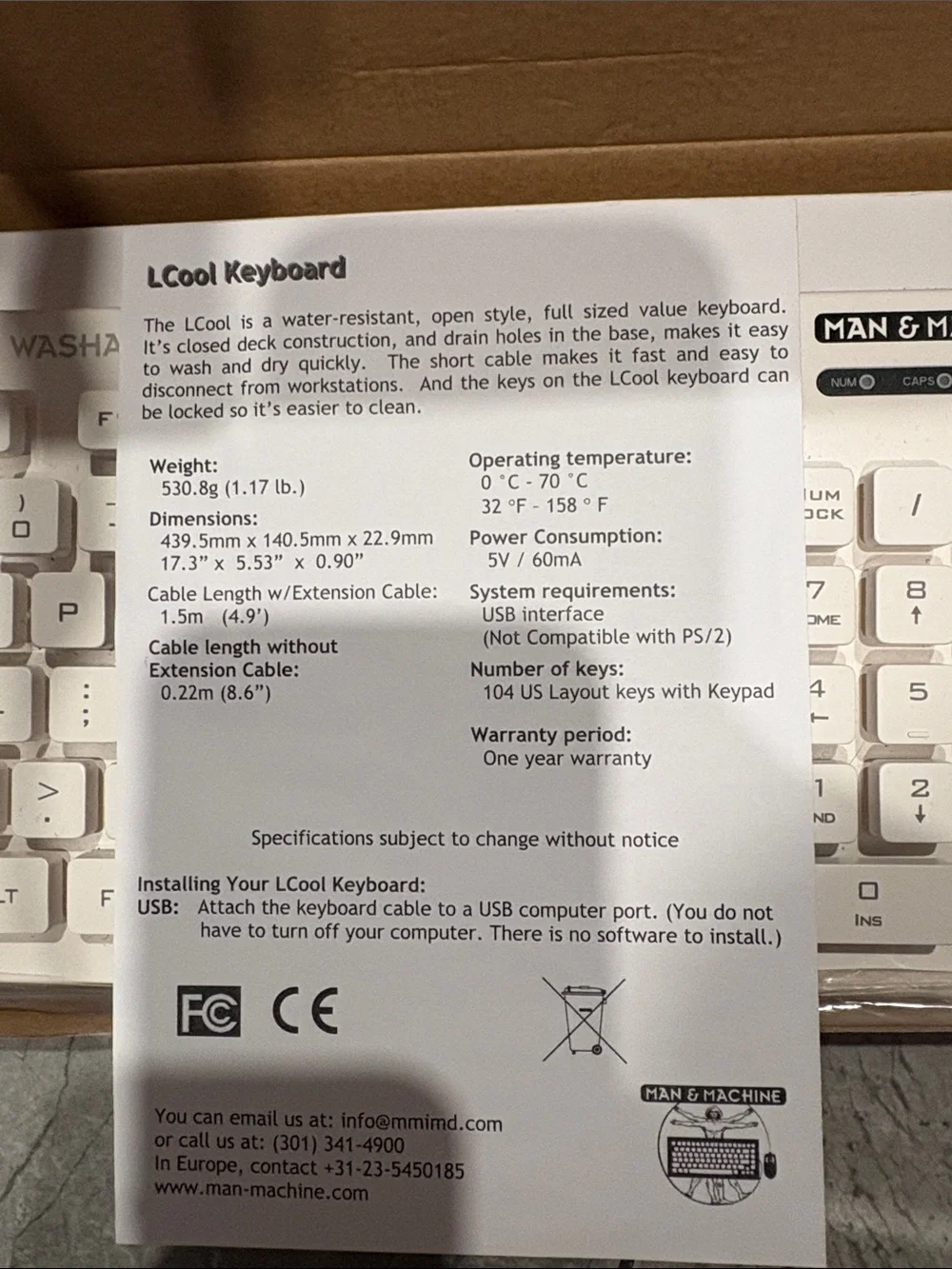 Man & Machine Washable Keyboard White